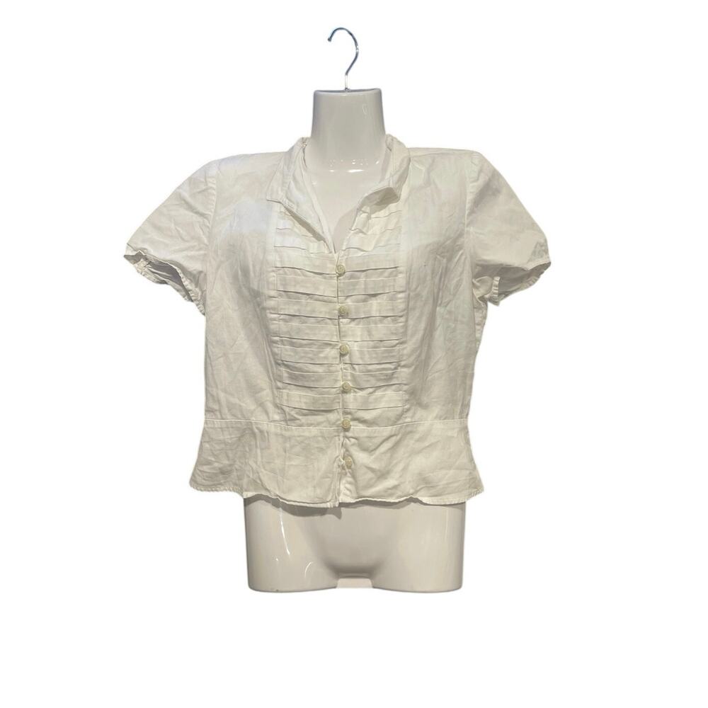 Jones New York Pin Tuck Button Down Short Sleeve Blouse SZ M Cottagecore 90s VTG